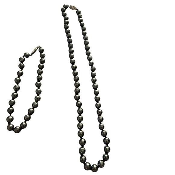 925 Sterling Silver Hematite Beaded Necklace Bracelet Set - Picture 2 of 9